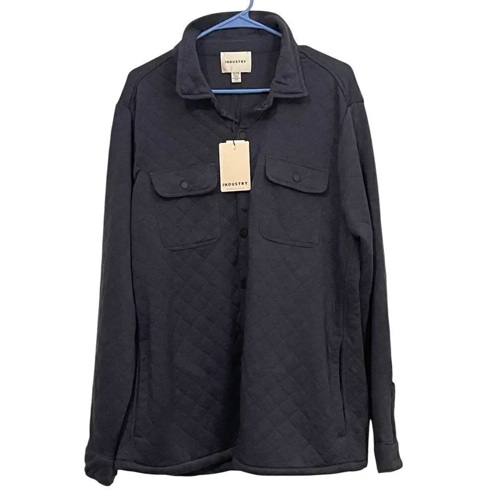 New Industry Mens Black Rayon Blend Collared Snap Front Quilted Shirt Jacket XL